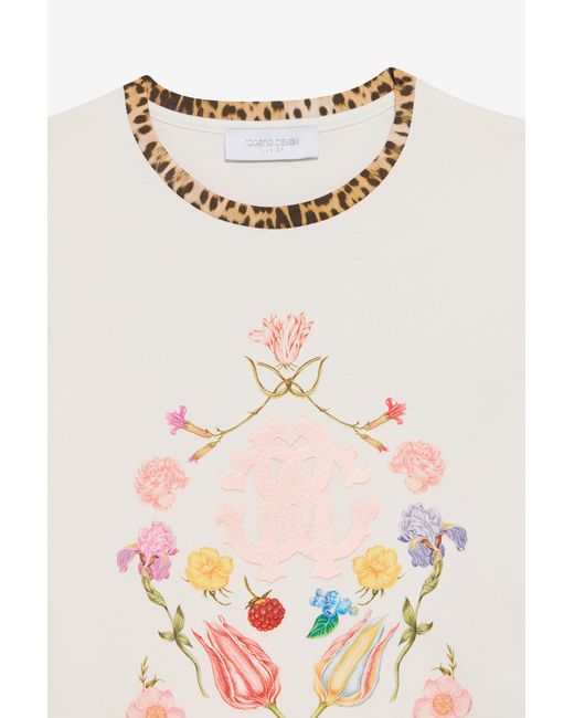 Roberto Cavalli White T-Shirt With Floral Print And Monogram Rc