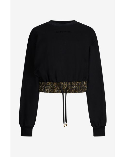 Roberto Cavalli Black Cropped Sweatshirt With Animalier Print Band