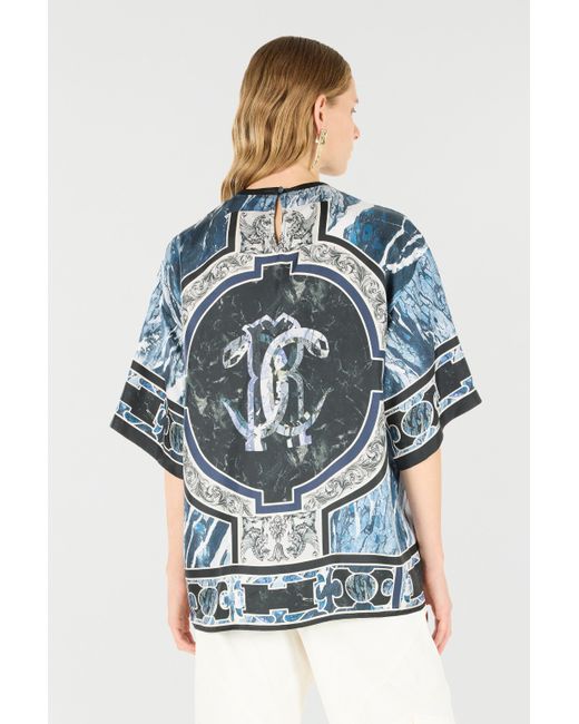 Roberto Cavalli Gray T-Shirt With Mirror Snake Monogram And Marble Print