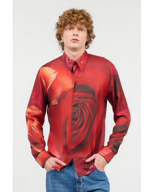 Roberto Cavalli Red Shirt With Garden Rose Print for men