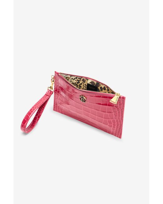 Roberto Cavalli Red Crocodile-Effect Flat Clutch