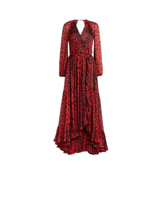 Roberto Cavalli Red Kleid aus seide mit leopardenmuster und cut-outs