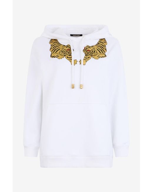 Roberto Cavalli White Sweatshirt Hoodie With Tiger Embroidery
