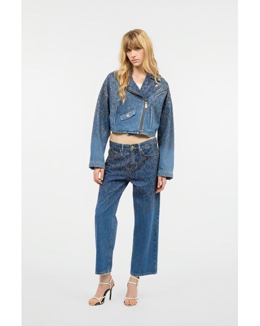 Roberto Cavalli Blue Cropped Denim Jacket With Rhinestones