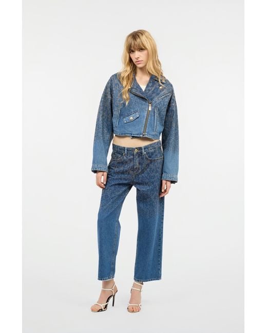 Roberto Cavalli Blue Cropped Denim Jacket With Rhinestones