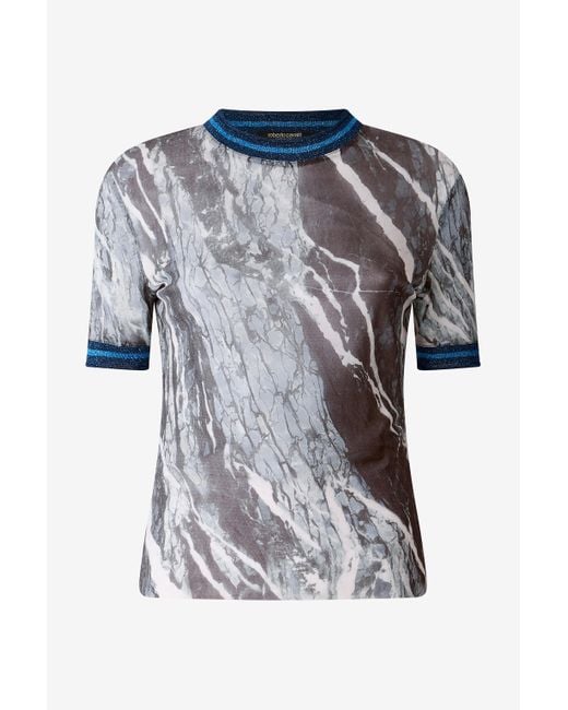 T-Shirt À Imprimé Marble Et Bords Pailletés Roberto Cavalli en coloris Blue