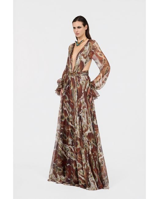 Roberto Cavalli Brown Night Butterfly Print Maxi Dress