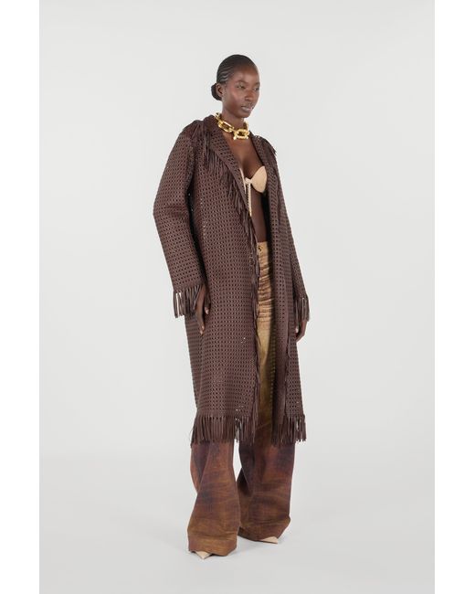 Roberto Cavalli Brown Woven Leather Coat With Fringes