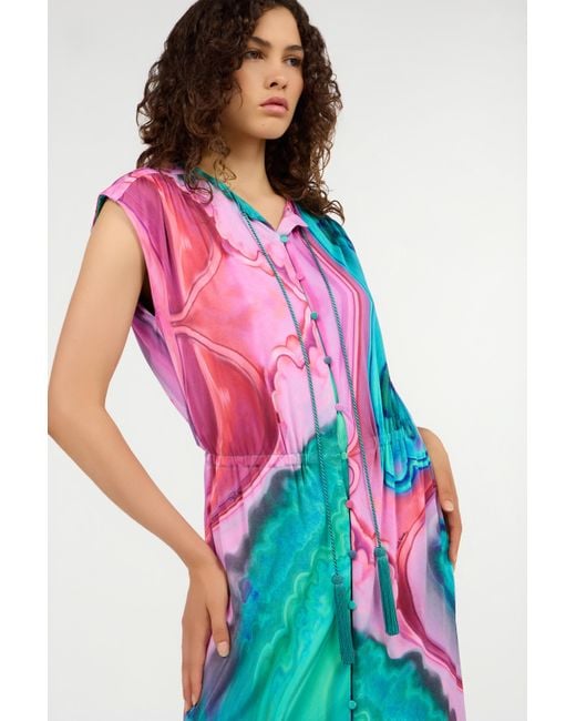 Roberto Cavalli Blue Long Dress Chemisier With Marbled Print