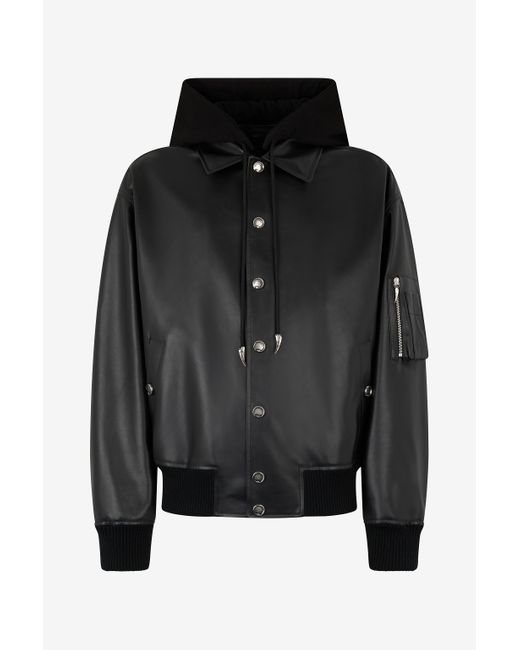 Roberto Cavalli Black Leather Bomber Jacket With Hood for men
