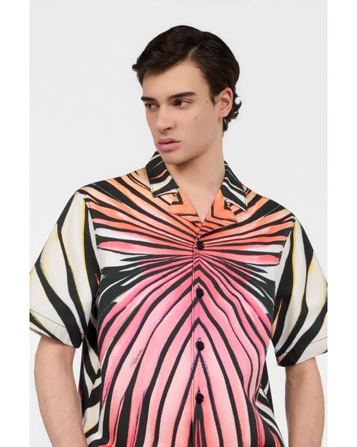 Roberto Cavalli Red Ray Of Paradise Print Denim Shirt for men