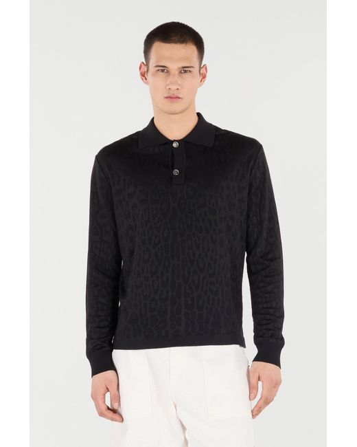 Roberto Cavalli Black Jaguar Skin Long-Sleeved Knitted Polo for men