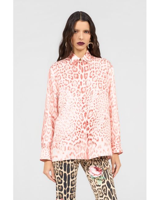 Roberto Cavalli Pink Jaguar Print Silk Shirt