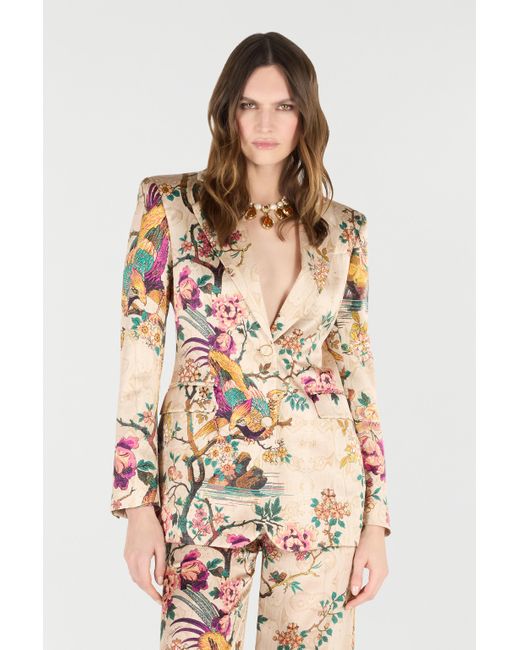 Roberto Cavalli White Silk Blazer With Oriental Bird Print