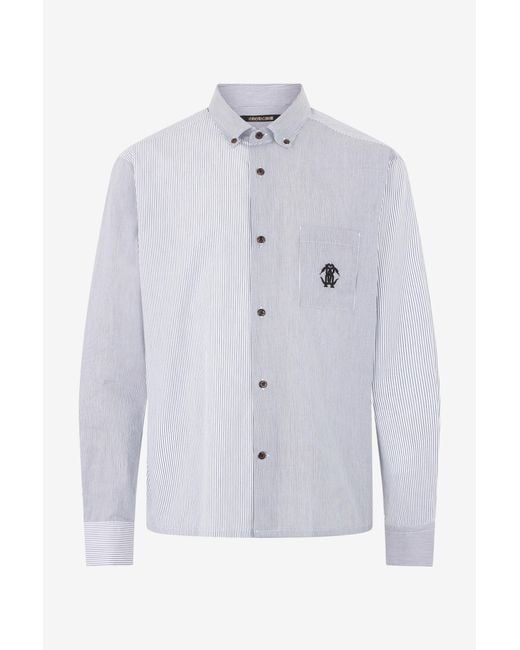 Roberto Cavalli Blue Striped Shirt With Monogram Rc for men