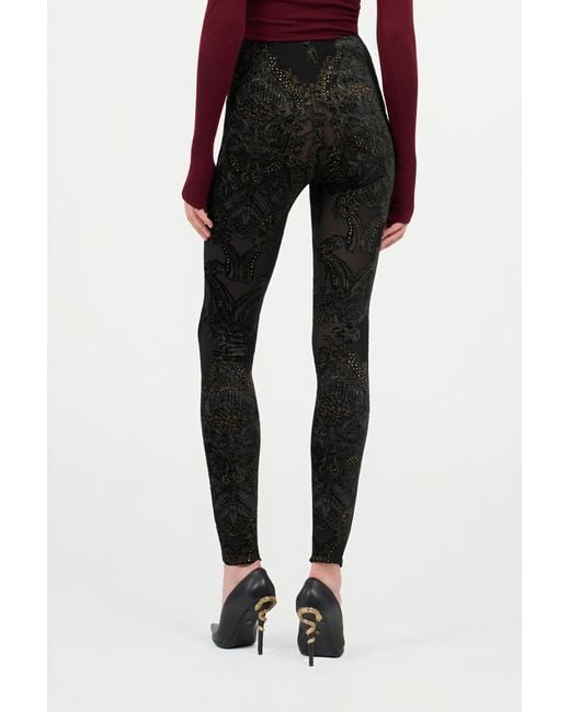Roberto Cavalli Black Devoré Chenille Leggings With Ornamental Print