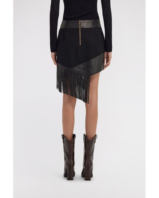 Roberto Cavalli Black Leather Skirt With Fringes