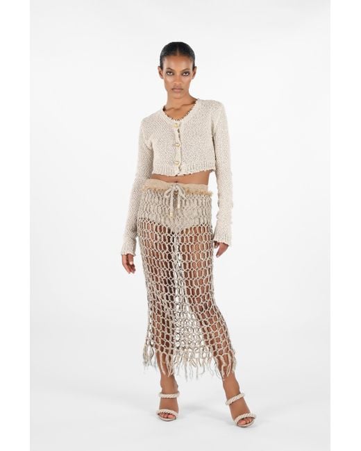 Roberto Cavalli Natural Long Mesh Skirt With Fringes