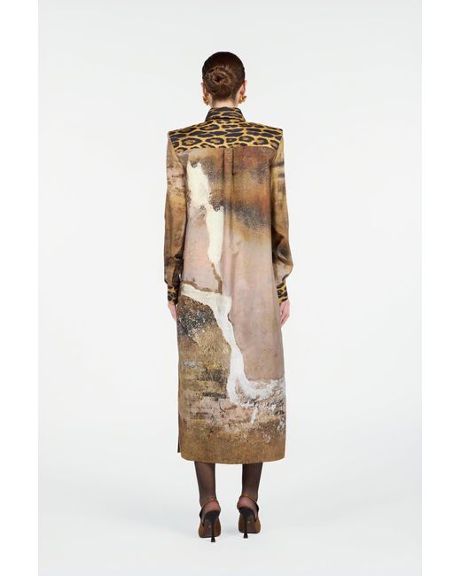 Roberto Cavalli Natural Silk Shirt Dress With Marble Print