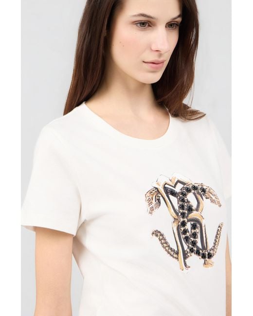Roberto Cavalli Natural Ivory T-Shirt With Logo