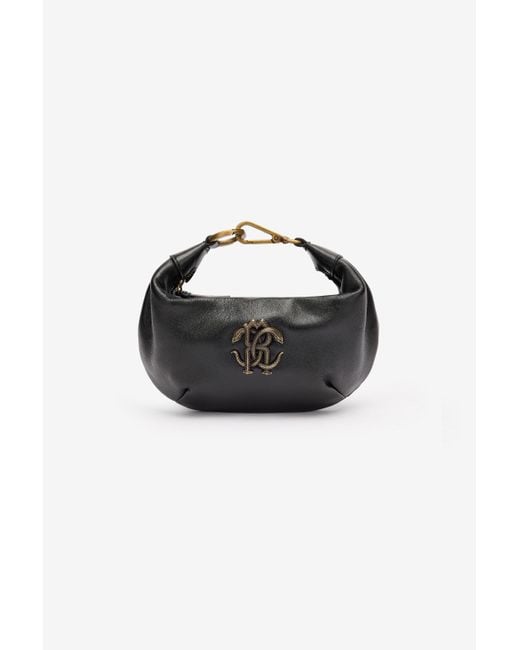Roberto Cavalli Black Hobo Bag With Mirror Snake Monogram