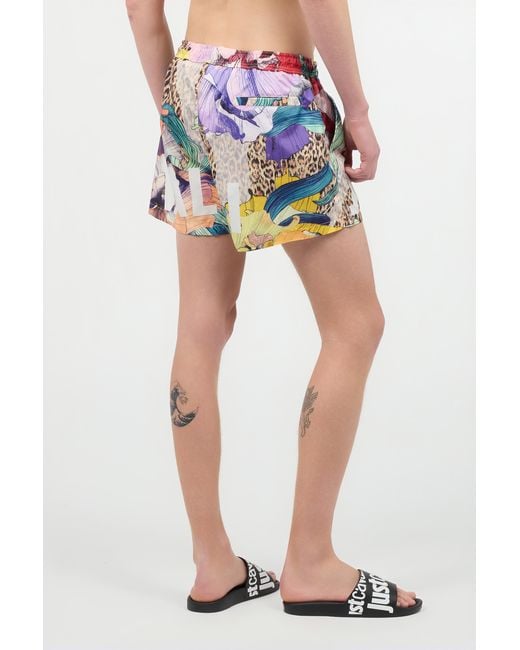 Roberto Cavalli Blue Swim Shorts With Floral And Jaguar Skin Print for men
