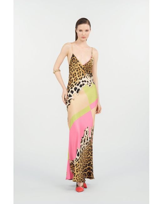 Roberto Cavalli White Long Silk Dress With Cavalli Pop Print