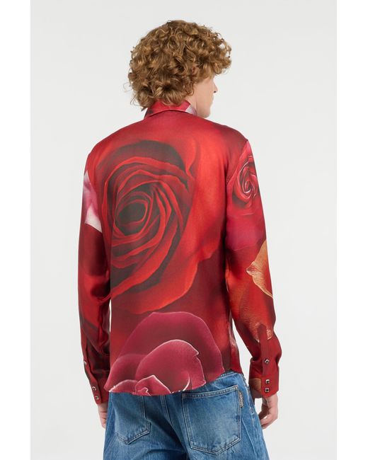 Roberto Cavalli Red Shirt With Garden Rose Print for men