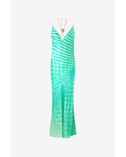 Roberto Cavalli Green Dress With Optical Glass Print And Necklace