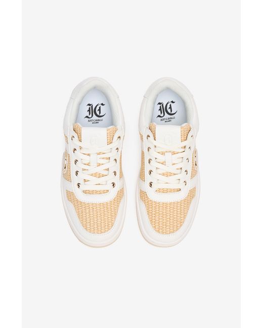 Roberto Cavalli White Braided Rafia-Effect Sneakers