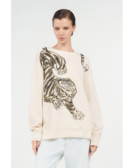 Roberto Cavalli Natural Wool Sweater With Tiger Motif