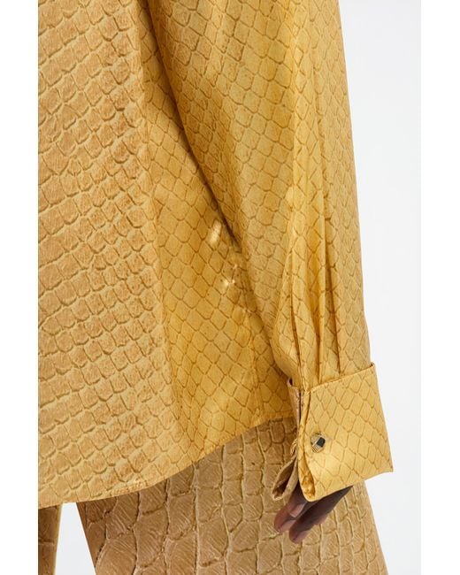 Roberto Cavalli Metallic Golden Silk Shirt With Serpentine Print