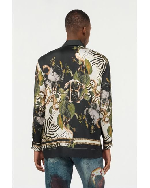 Roberto Cavalli Black Zebra And Snake Print Silk Shirt for men