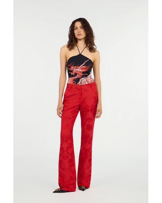 Roberto Cavalli Red Bodysuit With Dragon, Flowers And Fans