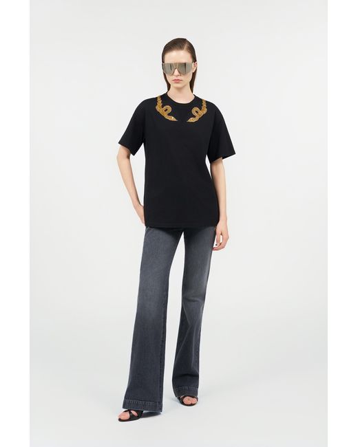 Roberto Cavalli Black T-Shirt With Snake Embroidery