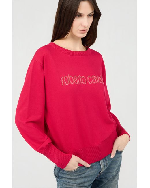 Roberto Cavalli Red Fuchsia Sweater With Crystal Logo