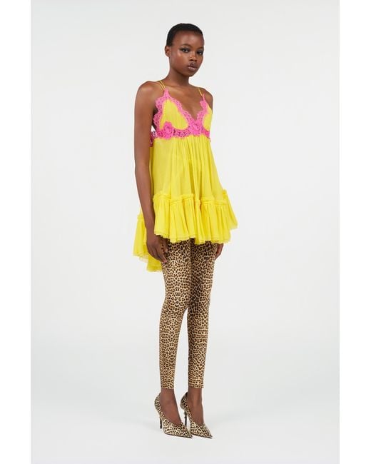 Roberto Cavalli Yellow Chiffon Dress With Lace Detail
