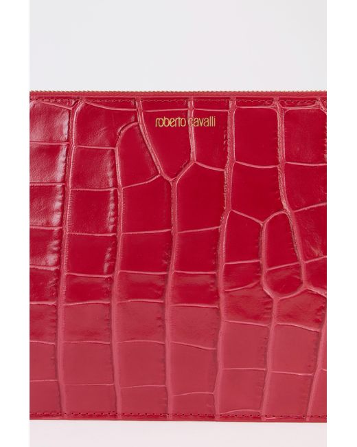 Roberto Cavalli Red Antique Rose Crocodile-Effect Clutch