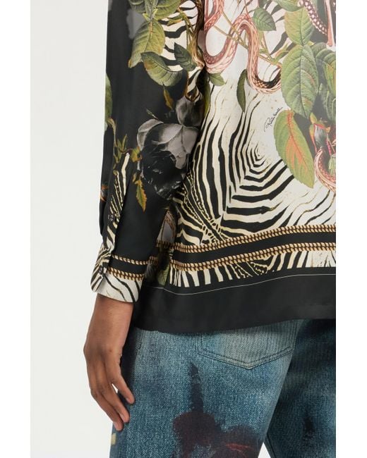 Roberto Cavalli Black Zebra And Snake Print Silk Shirt for men