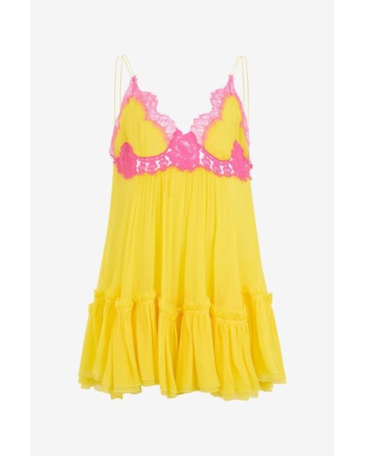 Roberto Cavalli Yellow Chiffon Dress With Lace Detail