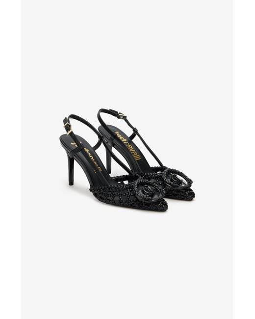 Roberto Cavalli Black Slingback Heels With Braided Design