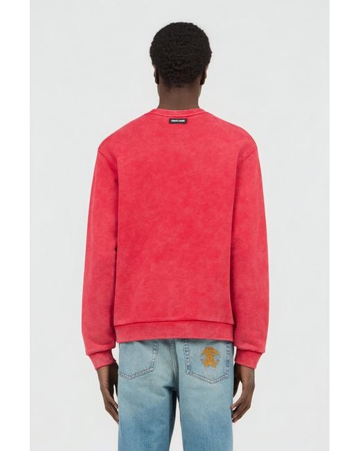 Roberto Cavalli Red Stone-Washed Sweatshirt With Monogram Rc for men
