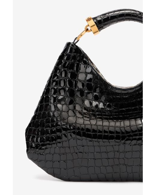 Roberto Cavalli Black Crocodile-Print Hobo Bag