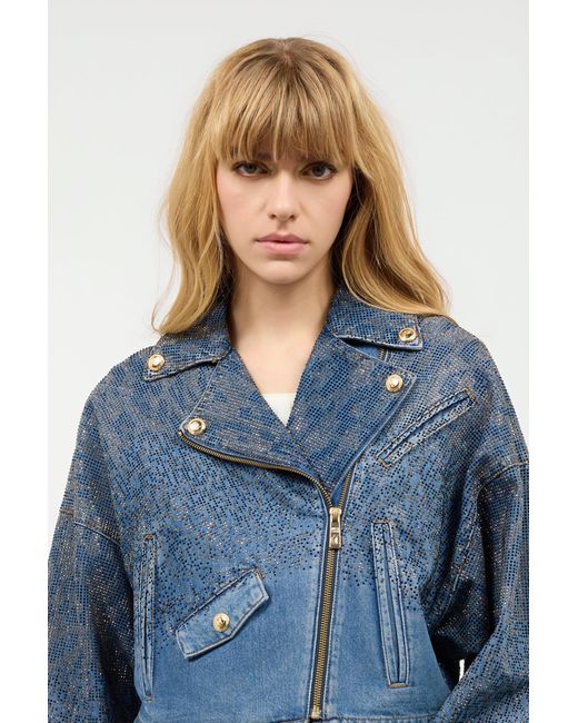 Roberto Cavalli Blue Cropped Denim Jacket With Rhinestones