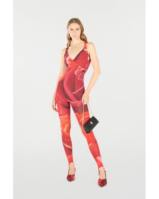 Roberto Cavalli Red Rose-Print Sleeveless Jumpsuit