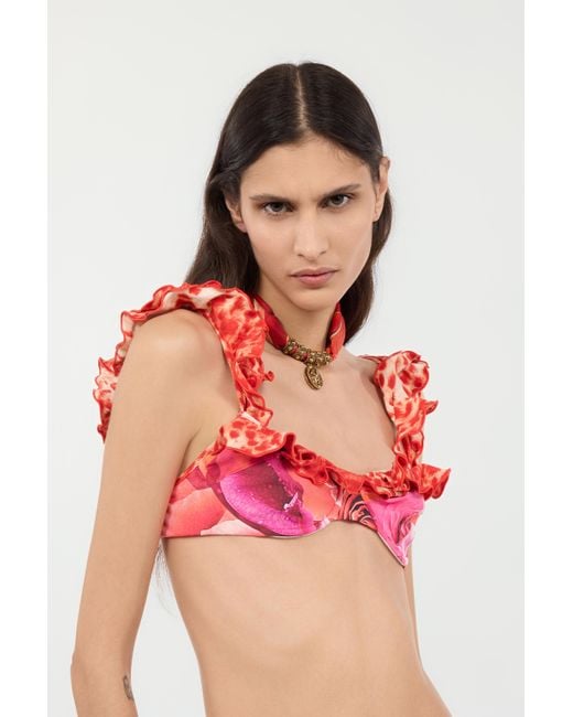 Roberto Cavalli Red Garden Rose And Cheetah Skin Bikini