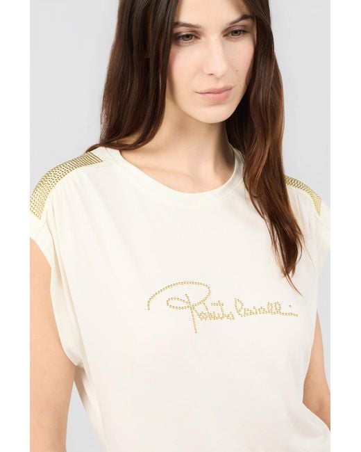 Roberto Cavalli White Ivory T-Shirt With Logo And Embellishments