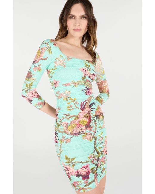 Roberto Cavalli White Mini Dress With Oriental Bird Print