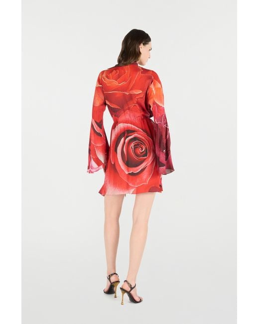 Roberto Cavalli Red Rose-Print Mini Dress With Pussy-Bow