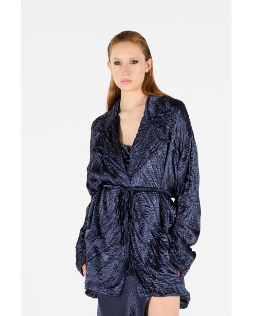 Roberto Cavalli Blue Crinkle Effect Belted Jacket
